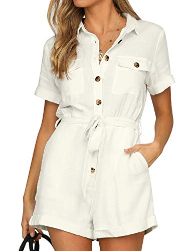 GRAPENT Women s Ivory Summer Casual Short Sleeves Button Down Pocket Belted Jumpsuits Rompers Size Medium (Fits US 8-10)