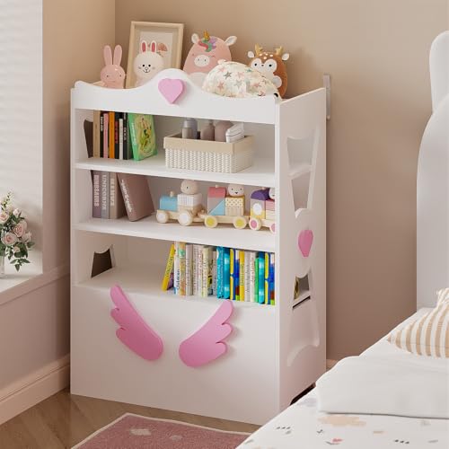 Timy Kids Bookcase 4-Tier Toy Storage Organizer Multifunctional Bookshelf with 2 Movable Drawers Bookcase Toy Storage Cabinet Display Stand for Bedroom