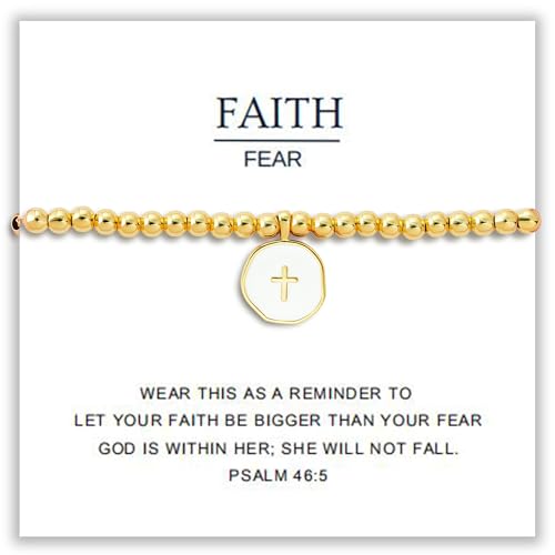Beaded Bracelets for Women with Enamel Cross – Christian Gifts, Baptism Gifts for Women, Religious Gifts, 3mm gold beads, 18K Gold Plated, Triple-Layered Finish, Length 6-8''