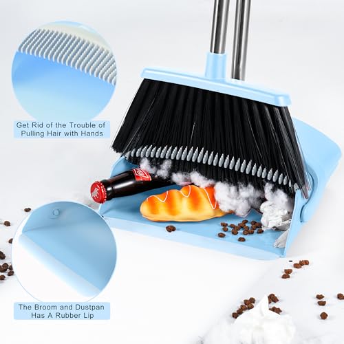 Image of BSKLIN Broom and Dustpan Set for Home, 52 inch Long Handle Broom Set with Dustpan Teeth to Clean Hair Sweeping Indoor and Outdoor (Blue)
