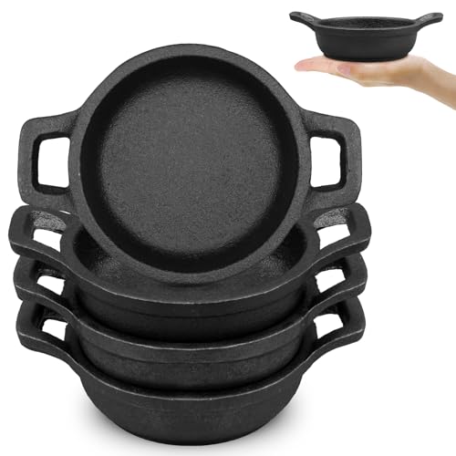 4 teilig Mini Gusseisen Grillpfännchent, Kleine Gusseisenpfanne mit Griff Ø 10cm Rund Servierpfanne, Grillpfännchen Grillpfanne Gusspfanne Pfännchen für Küche