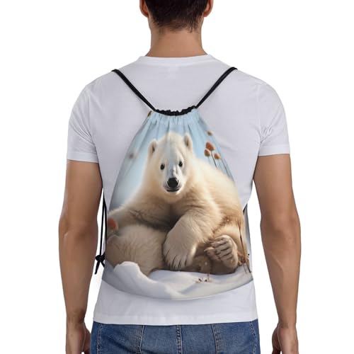 Drawstring Backpack Waterproof Drawstring Bags Cute Polar Bear Animals Cinch Bag Sackpack Sports Gym Bag Small, Black2
