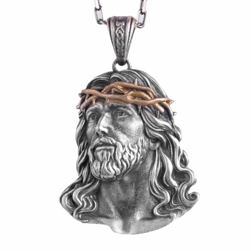 KAMBO 925 Sterling Silver Jesus Christ Pendant Necklace for Men – Crown of Thorns Religious Jewelry with Cable Chain