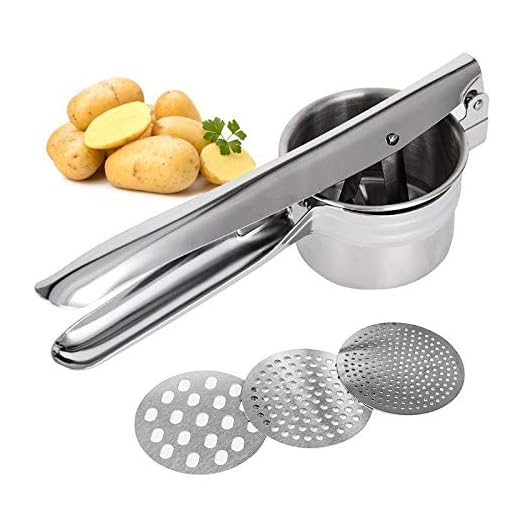 Potato ricer,stainless steel manual masher, Yuantang with 3 interchangeable discs easy to clean large capacity suitable for manual squeezing of various fruits and vegetables manual masher baby food