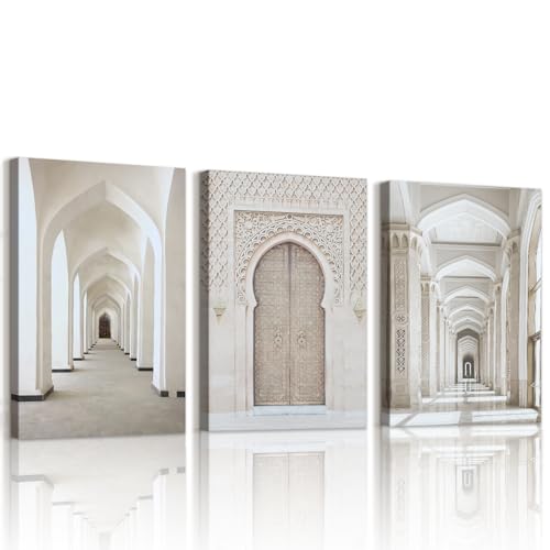 WENGTIAO 3 Pièces Islamique Architecture Tableau Decoration Murale Encadré Toile Peinture Beige Mosquée Decoration Murale Salon Maison Deco Chambre 30x40cmx3