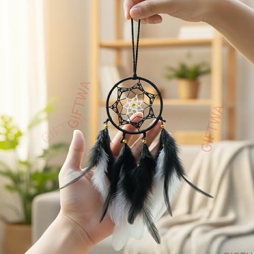 Image of Black Dream Catcher 3 Inch with Black & White Mix Feathers - Mini Dreamcatcher for Car Hanging, Wall Hanging, Home Decor, Positive Energy Protection
