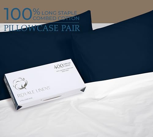Image of Royale Linens 400 Thread Count 100% American Grown Cotton Queen Pillowcase Set - Luxury Sateen Queen Pillow case - 20 inchx30 inch Inch - Soft & Smooth Set of 2 Navy Pillowcases - (Queen, Rivera Navy)
