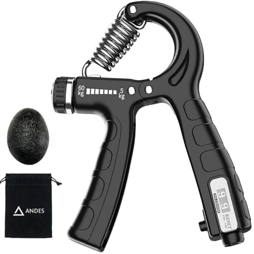 Andes. Hand Grip, Ejercitador de Manos, Fortalecedores de Mano, Ajustable de 5-60kg con Agarre Antideslizante y Función de Conteo, Gym en Casa. (Incluye Pelota Anti Estrés de Regalo)