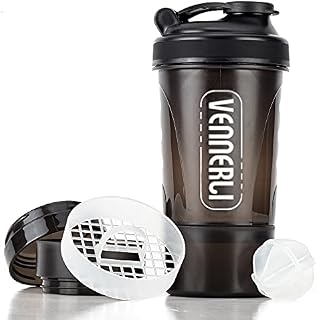 VENNERLI Protein Shaker Bottle with Storage Mixing Ball 100% BPA Free Leak Proof Smoothies Nutrition Shaker Cups Strong Durable Sports Gym Diet Fitness (Black)