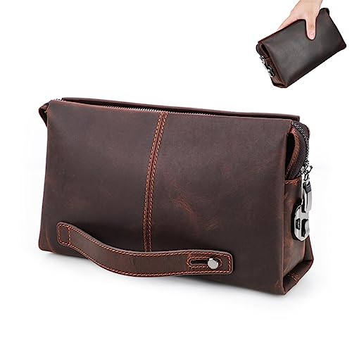 Men's Genuine Leather Handbag Travel Clutch with Wristband, Retro Phone Zipper Pouch Wallet, Large Capacity Business Organizer, Crazy Horse Cow Leather Hand Bag Wristlet Purse for Work Travel Coffee