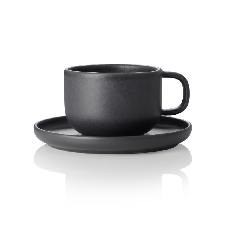 Juego de 6 tazas de café y platillos - gres - Apto para lavavajillas - tazas de gres de materias primas respetuosas con el medio ambiente - Negro - 275 ml - Plato de 14,5 cm de diámetro