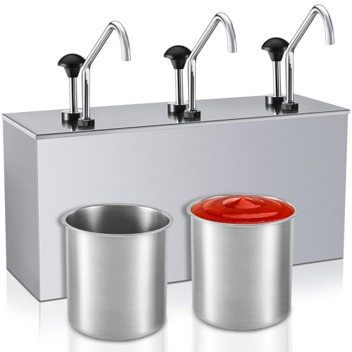 Lasnten Bucket Condiment Pump Dispenser 3.7 Quart Sauce Pump Dispenser Stainless Steel Condiment Pump Station for Jam Ketchup Seasoning Sauce (3.7 Quart x 3)