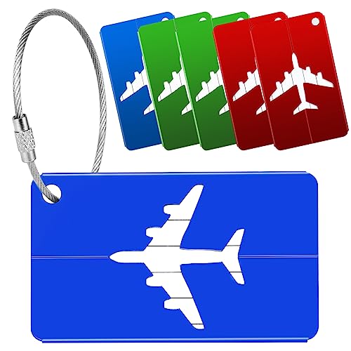 Etichette per Valigie da Viaggio 6 Pezzi Targhette Valigia Aereo alluminio con Anelli in Acciai e Scheda per Informazioni Impermeabili per Bagaglio Blu Verde Rosso