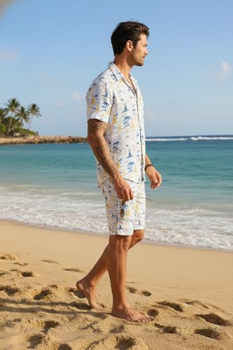 Image of Zilcon Men's Matching Set Summer Beach 2 Piece Outfits Floral and Palms Button Down Shirts and Shorts Goa Vacation Outfits