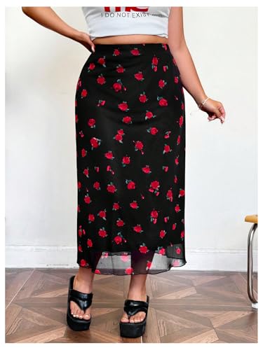 WDIRARA Women's Plus Size Floral Bodycon Skirt Elastic Waist Mesh Lettuce Trim Long Skirts4