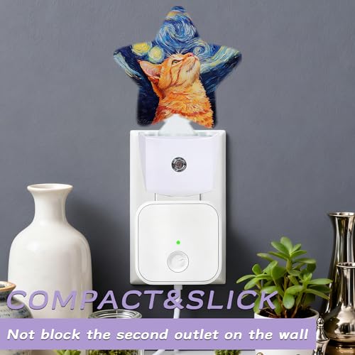 Image of Cat Starry Night Night Lights Plug Into Wall Decorative,Oil Painting Nightlight with Dusk Sensor for Bathroom,Kitchen,Entryway,Room Accent,Gifts
