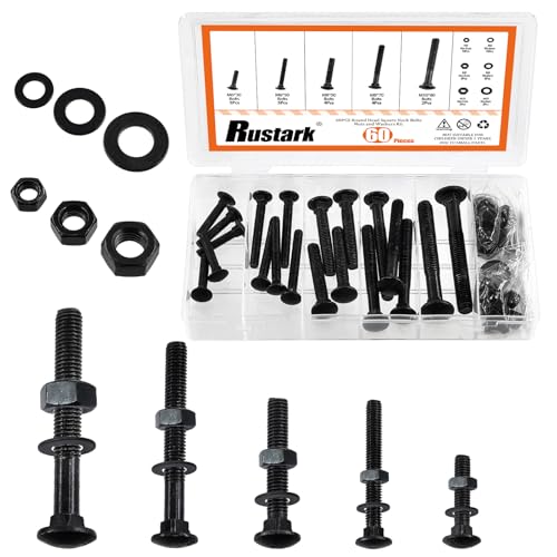 Rustark 60Pcs 5 Sizes 304 Stainless Steel Carriage Bolts with Nuts and Washers Kit Black Square Neck Carriage Bolts Screws Metric Round Head Carriage Bolt for Machinery Industry