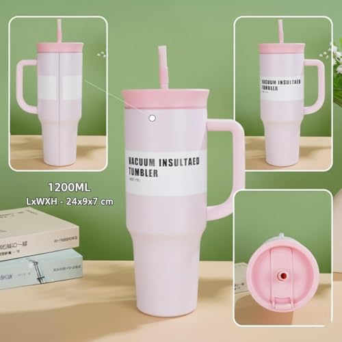 Image of HomeCloud 1200ml Insulated Coffee Tumbler with Lid - Double Wall Travel Mug for Hot & Cold Drinks, Leak-Proof, Durable, Portable, Stylish Stainless Steel Design (Pink with Pink Lid)