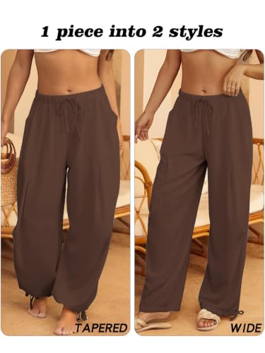 Image of Women's Linen Balloon Barrel Beach Pants Boho Harem Flowy Drawstring Casual Loose Pants with Pockets