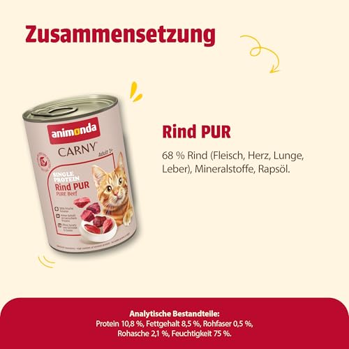 animonda Carny Katzen Nassfutter Single Protein Rind Pur (6 x 400g), Katzenfutter nass mit nur einer Proteinquelle, Futter für ausgewachsene Katzen mit Rindfleisch
