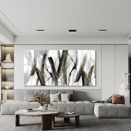 Image of AJAZIKO Abstract Wall Art for Living Room - Large, Black and Gold Wall Art Decor, Office Pictures, Modern Artwork Paintings, Black and White Wall Decor - Ideal for Bedroom and Office Decorations