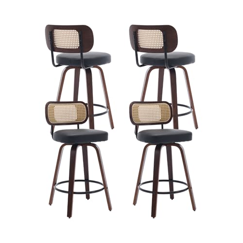 Image of Swivel Counter Height Bar Stools Set of 4, 26 inch Bar Chairs with Curved Rattan Back, Upholstered PU Leather, Walnut Craftsmanship, Mid Century Modern Counter Stools for Kitchen Counter, Black