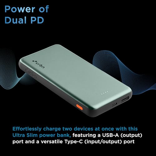 Image of URBN Power Bank 10,000mAh Ultra Slim 12W | Dual Port Type C Input /Output | BIS Certified | 4-Layer Circuit Protection | 6-Month Replacement Warranty | Made in India | Free Type C Cable - Green