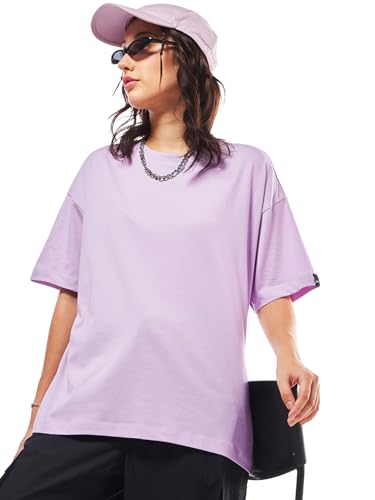 Image of Bewakoof Women's Solid 100% Cotton T-Shirt - Oversized Fit, Round Neck, Half Sleeves