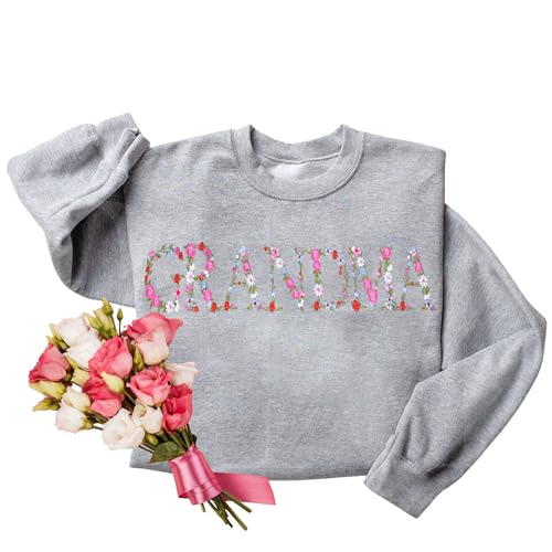 Regamor Embroidery Floral Grandma Sweatshirts For Women Gift Sweatshirt From Grandkids Flower Gift Mothers Day Christmas 13 Sport Grey cover