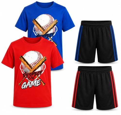 Image of Pro Athlete Boys Shorts Sets - 4 Piece Dry Fit Short Sleeve Crewneck Graphic Tee and Performance Shorts for Boys (Sizes 8-16)
