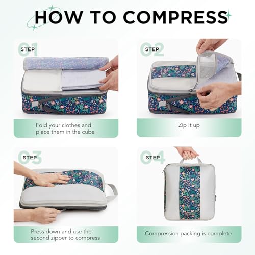 Image of OlarHike 10-Pack Compression Packing Cubes for Travel Essentials,Compressible Expandable Storage Bags for Suitcase,Luggage Garment Bags for Travel,Handy Helper for Organizing Clothes(Dark Blue Floral)