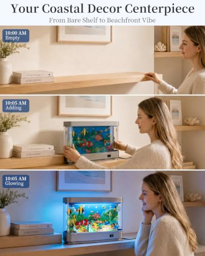 Image of Coastal Fake Fish Tank Aquarium Lamp, Bedside Living Room Home Decor & Calm | Crystal-Clear Shell, 11.8 in, 14 Cool-White LEDs, Whisper-Quiet Motor, Modern Coastal Decor for Living Room