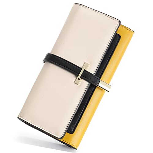 Cluci Leather Wallet For Women Slim Designer Trifold Ladies Credit Card Holder Beige With Yellow #TOP27