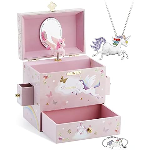 Kids Musical Jewelry Box for Girls with 3 Drawers and Jewelry Set with Mysterious Unicorn - Over the Waves Tune Pink Cover