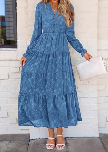 Image of KIRUNDO Spring Wedding Guest Dresses for Women 2026 Maxi Floral Long Sleeve Elegant Ruffle Tiered Flowy Party Long Dress