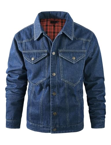 Flygo Mens Flannel Lined Denim Jacket Snap Cowboy Cut Western Classic Slim Fit Vintage Heavy Duty Jacket Trucker Coat
