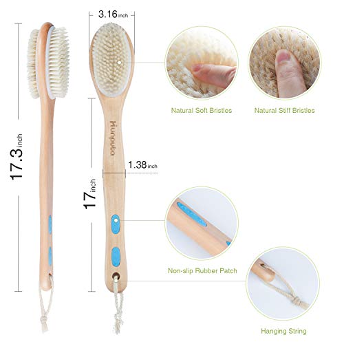 Shower Brush, Bath Body Exfoliating Cleaner Brushes with Long Wooden Handle, Natural Soft and Stiff Massage Bristles for Wet/Dry brushing, Back & Foot Cleaning Scrubber for Women & Man (Wooden) - Thumbnail 7