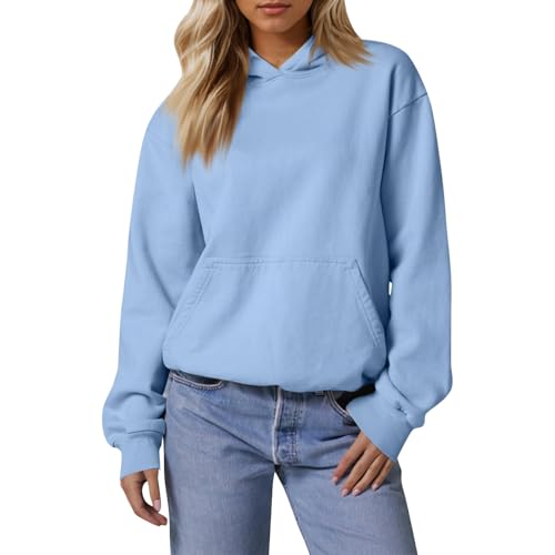GOFULY Light Blue Sweatshirt Women,Fleece Lined Hoodie Women Cotton Hoodie Winter Dressy Womens Soft Sweatshirt Fall Solid Color Ladies Long Sleeve Tops M