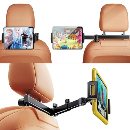 NIFBANG Car Tablet Headrest Holder,[3 in 1 Long Arm] iPad Car Mount for Back Seat,Car Accessories Backseat Road Trip Essentials for Kids Baby,For 4-12.9Devices,iPad Pro,Air,Mini,Galaxy,Switch,Fire HD