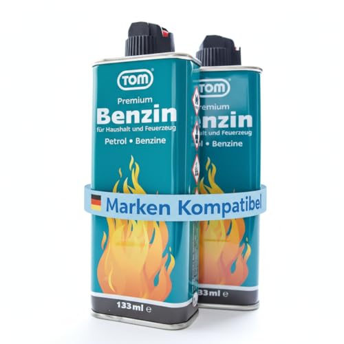 TOM 2 x Feuerzeugbenzin 133 ml Benzin Flasche im Set zum nachfüllen für Feuerzeuge, Handwärmer und Benzinkocher oder als Waschbenzin –...