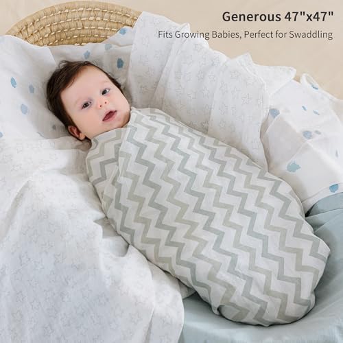 Image of POMISO Muslin Swaddle Blankets for Boys & Girls, Newborn Receiving Blankets, 4 Pack Soft Breathable Baby Swaddles, Large 47x47 Inches, Stars & Striped