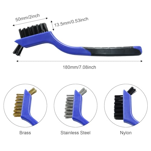 Image of 3Pcs Small Wire Brush Set, Metal Cleaning Brush Bristle Brush, Brass /Nylon /Stainless Steel Wire Brushes for Cleaning Rust Removal, Polishing, Scrubbing (Blue)