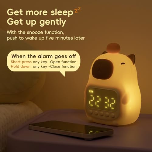 Image of Capybara Alarm Clock with Night Light for Kids, Cute Toddler Alarm Clocks for Bedrooms Ok to Wake Clocks for Girls and Boys, Silicone Animal Tabletop Lamp for Kid, RGB Color