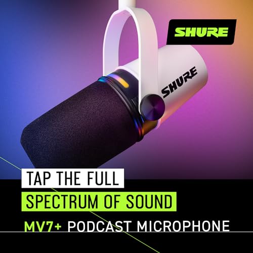 Image of Shure MV7+ Podcast Microphone. Enhanced Audio, LED Touch Panel, USB-C & XLR Outputs, Auto Level Mode, Digital Pop Filter, Reverb Effects, Podcasting, Streaming, Recording - White