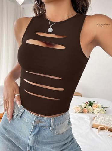 Image of LovelyWholesale Women Sexy Cut Out Crop Tank Tops Crew Neck Summer Sleeveless Top