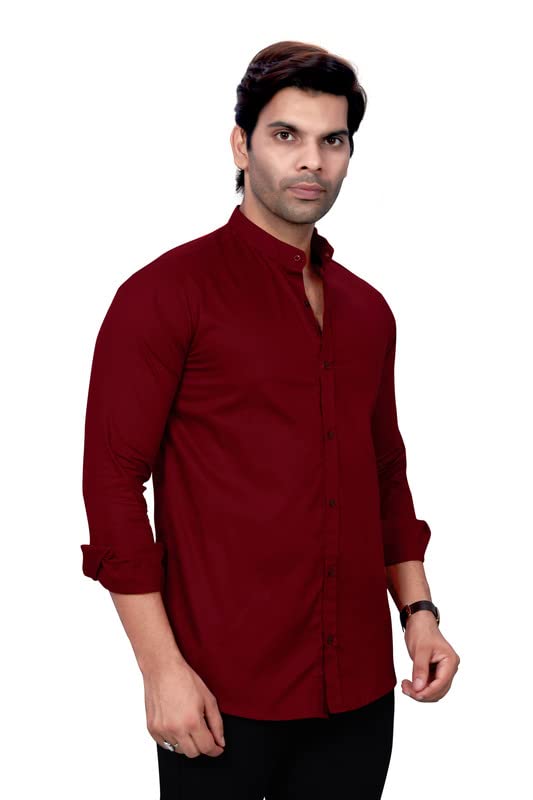 Image of Men's Cotton Solid Regular Fit Mandarin Collor Shirt - Maroon