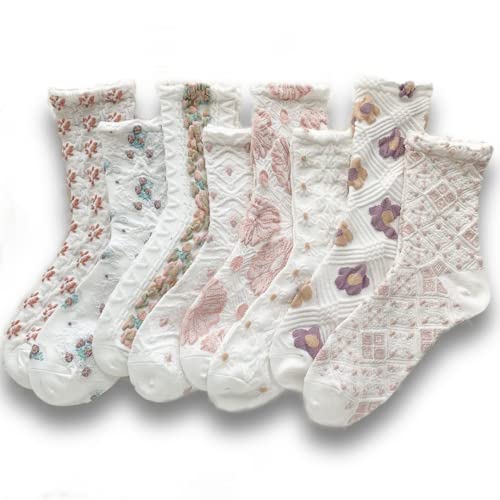 Image of 8 Pairs Cute Flower White Socks Women's Mid-tube Spring and Summer Thin Stockings (8 Pairs Combo)