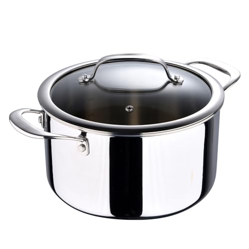 Bergner Argent Collection 4.5 Quart Tri-Ply Stainless Steel Dutch Oven with Tempered Glass Lid - Even Heat Distribution Riveted Stay-Cool Handle Induction Compatible Dishwasher Safe
