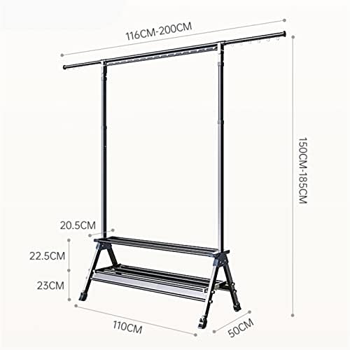Adjustable Laundry Drying Rack with Hidden Wheels, Double Layer Clothes Rack & Bedroom Coat Rack with Shoe Storage, Retractable Stand (116-200cm) - Black