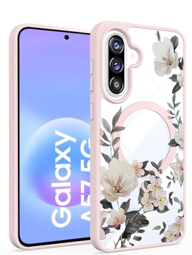 Image of VONZEE Compatible with Samsung Galaxy A57 5G Back Case Luxury Retro Flowers Floral Clear for Magnetic Wireless Charging Case Shockproof PC+TPU Cute Glossy Shiny Cover for Girls Women, Pink